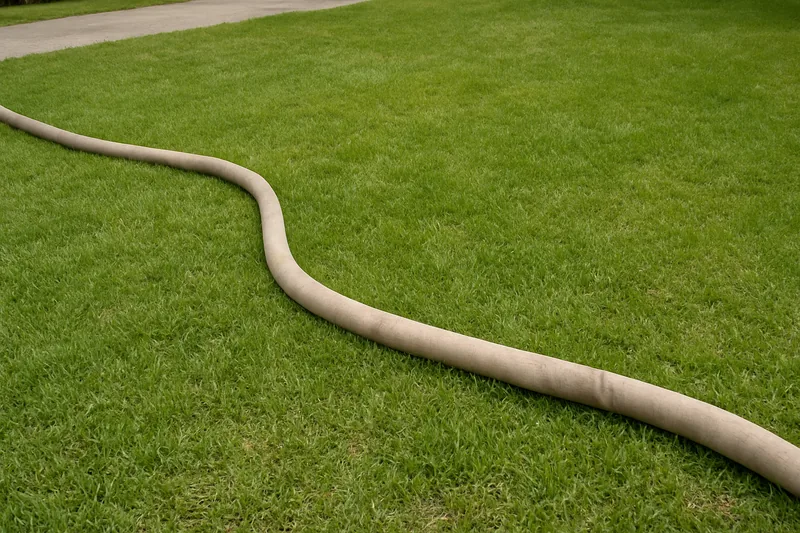 A flat backwash hose laid across a lawn away from any drain — pool draining and backwash, Cairns. Illustrative example.