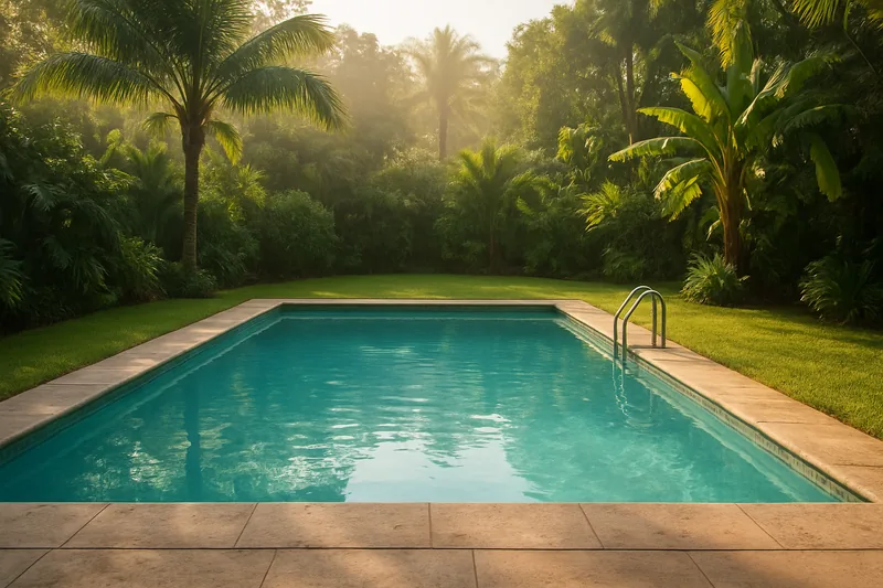 A backyard pool with clear water in a tropical garden in soft morning light — pool resurfacing, Cairns. Illustrative example.