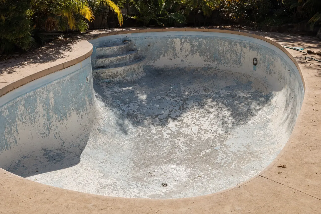 A drained backyard pool shell with a worn, patchy surface and palms behind — pool resurfacing, Cairns. Illustrative example.