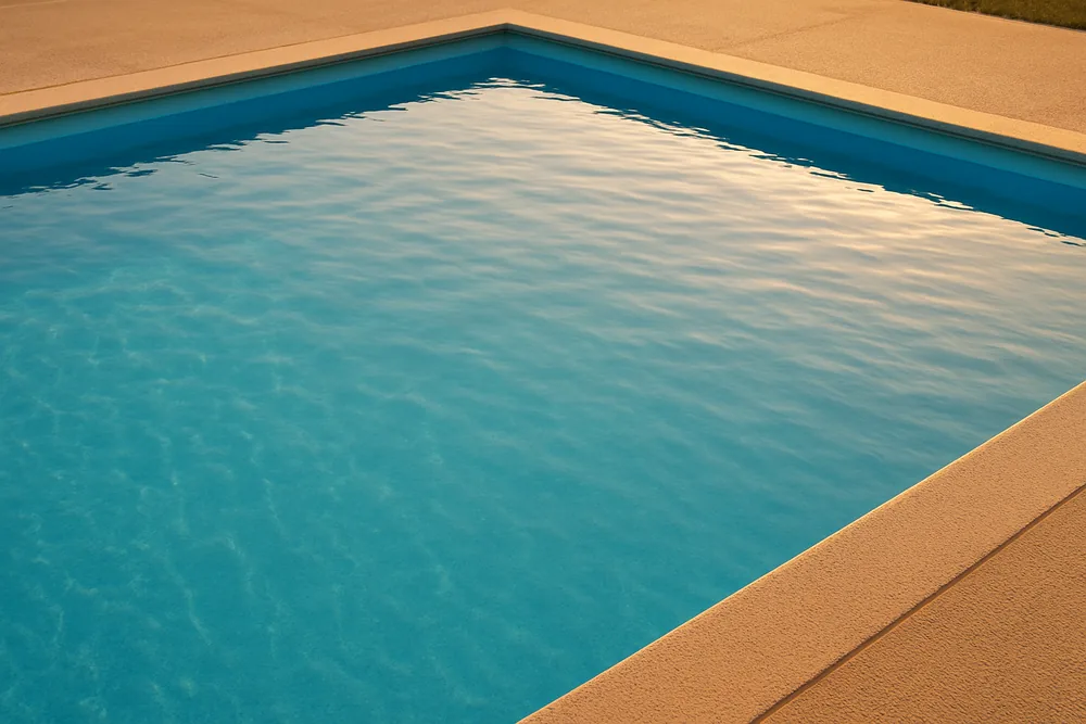 A pool with clear blue water and an even surface in warm evening light — pool resurfacing, Cairns. Illustrative example.